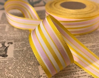 Vintage Acetate Grosgrain Ribbon, 2 yards, 1 1/2" yellow, pink and white stripe - for belts, bows, har bands, tote bag handles etc.