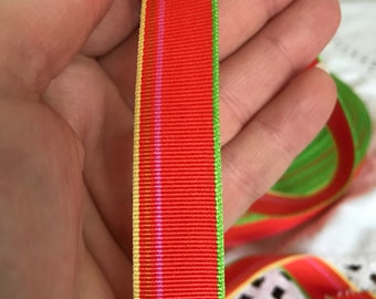 Vintage Acetate Grosgrain Ribbon, 4 yards, 5/8" orange with pink yellow green tiny stripe - for Halloween crafts