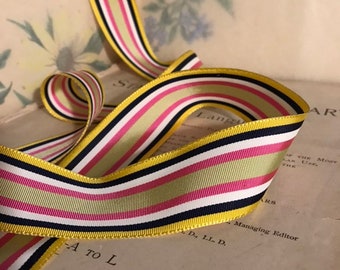 Vintage Acetate Grosgrain Ribbon, 2 yards, 1 1/2" yellow pink navy blue green white stripe - for belts, bows, hair bands, straps