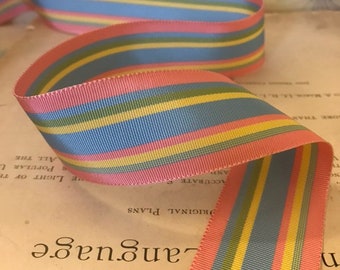 Vintage Acetate Grosgrain Ribbon, 2 yards, 1 1/2" Bubble Gum pink, blue, green, yellow stripe - for belts, bows, hair bands