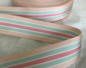 Vintage Acetate Grosgrain Ribbon, 2 yards, 7/8" baby pink, blue, white stripe - for preppy belts, headbands, bows, straps, rosette tails