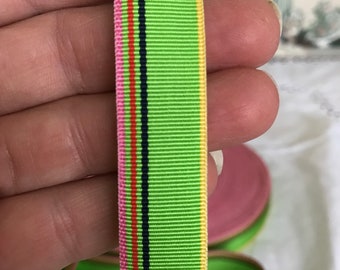 Vintage Acetate Grosgrain Ribbon, 4 yards, 5/8" green with yellow, pink, blue, red tiny stripe - for Candy colored crafts