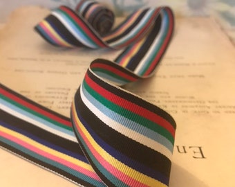 Vintage Acetate Grosgrain Ribbon, 2 yards, 1 1/2" Black and rainbow Multi stripe - for belts, bows, hair bands, tote bag straps,