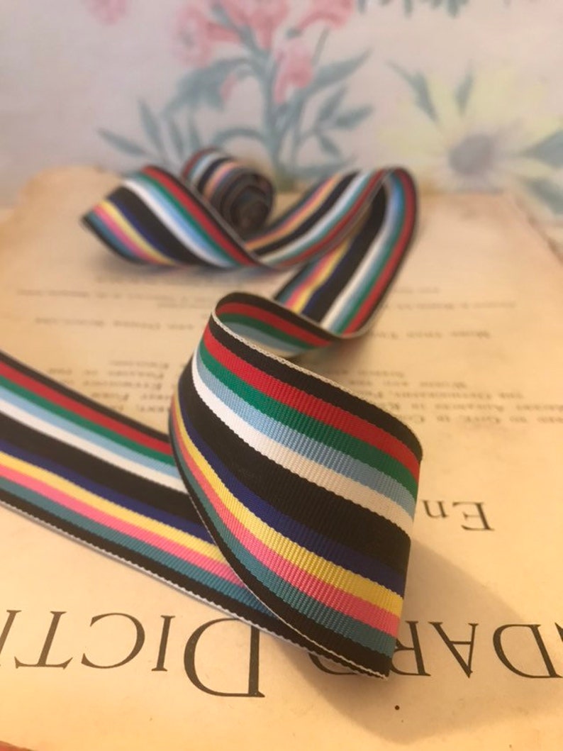sold per yard bows Vintage Acetate Grosgrain Ribbon tote bag straps, hair bands 1 12 Black and rainbow Multi stripe for belts