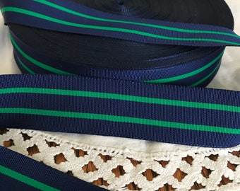 Vintage Acetate Grosgrain Ribbon, 2 yards, 1" navy blue with green stripe - for preppy belts, headbands, bows, straps, rosettes