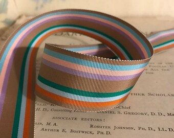 Vintage Acetate Grosgrain Ribbon, 2 yards, 1 1/2" light brown, pink blue purple green orange stripe - for belts, bows, hair bands