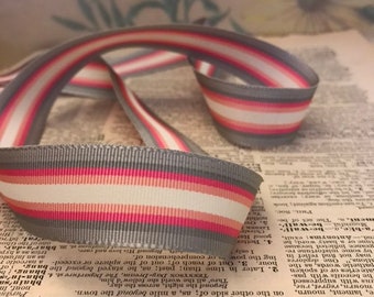 Vintage Acetate Grosgrain Ribbon, 2 yards, 1" hot pink, grey, white stripe - for preppy belts, headbands, bows, straps, rosette tails