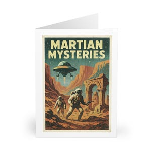 mystères martiens | Art rétro de science-fiction | 5 cartes postales avec enveloppes | Grande carte de voeux de 6 x 8 po. | Souvenir à encadrer | Idéal pour offrir