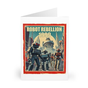 Robot Rebellion 1999 / Arte fantascientifica retrò / 5 cartoline con buste / Grande biglietto d'auguri 6"x8" / Ricordo incorniciabile / Ottimo come regalo