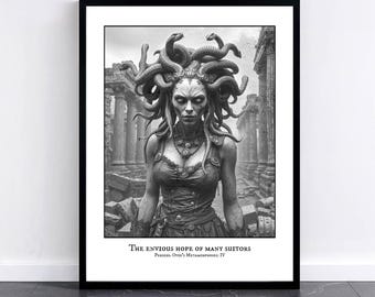 Impression d'art Medusa : affiche de la mythologie grecque, décoration d'intérieur noir et blanc (18 x 24 pouces)