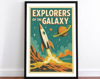 Exploradores de la Galaxia / Impresión de póster / Ciencia ficción retro / Estilo vintage / Cohete espacial / Decoración de pared