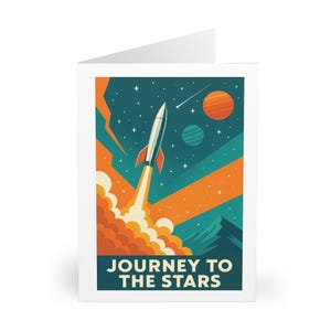 voyage vers les étoiles | Art rétro de l'espace | 5 cartes postales avec enveloppes | Grande carte de voeux de 6 x 8 po. | Souvenir à encadrer | Idéal pour offrir