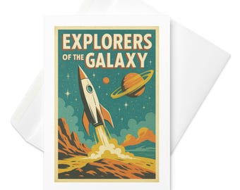 May include: Greeting card with a retro space theme. The card features a rocket ship blasting off from a planet, with the words "EXPLORERS OF THE GALAXY" in bold letters. The background is a teal color with stars and a planet.
