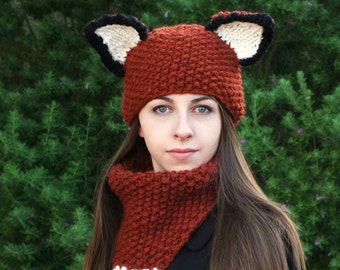 KNITTING PATTERN - Adult Fox Hat and Cowl