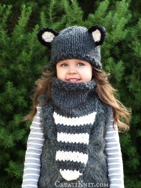 KNITTING PATTERN- Raccoon Hat and Cowl set (Baby, Toddler sizes)