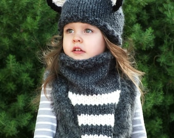 Knitting PATTERN - sombrero de mapache y el carenado set (bebé, tallas de niño)