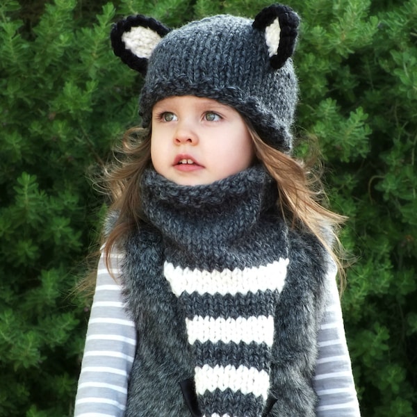Knitting PATTERN- Raccoon Hat and Cowl set (Baby, Toddler sizes)