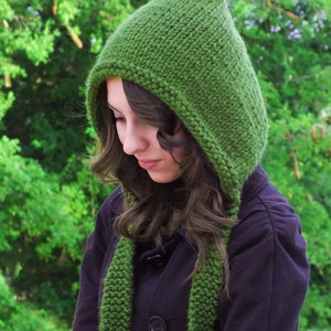 May include: A green knitted hooded scarf with a long, flowing design. The scarf is worn by a person with long brown hair.