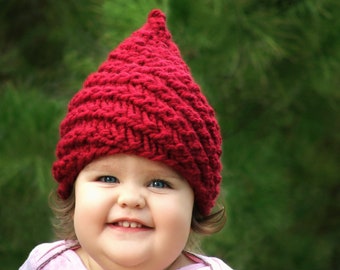 Red Gnome Hat Gnome Hat Elf Hat Red Pointy Hat Knit Baby Hat Hand Knit Infant Hats Newborn Fairy 0-6/12-48mo