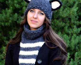 KNITTING PATTERN-Adult Raccoon Hat & Cowl Set