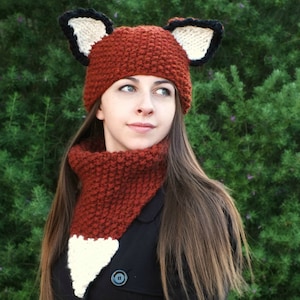 KNITTING PATTERN-Adult Fox Hat and Cowl Set