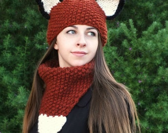 KNITTING PATTERN-Adult Fox Hat and Cowl Set