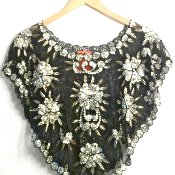 Vintage Womens Sequin and Bead Black Cape Top S-M