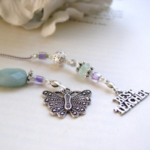 Favorite Teacher Butterfly Bookmark Beaded Book Thong Ice Blue, Purple, and Pale Green Glass with Butterfly and BEST TEACHER silver charms image 1