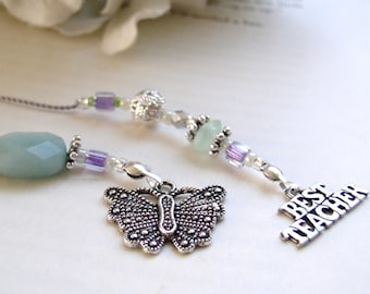 Favorite Teacher Butterfly Bookmark - Beaded Book Thong Ice Blue, Purple, and Pale Green Glass with Butterfly and BEST TEACHER silver charms