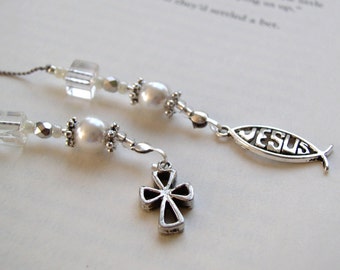 Beaded Bookmark - Religious Jesus and Cross Branch Silver Charms Beaded Book Thong Bible Teacher Christian Gift Pearl Fish Ichthus Symbol