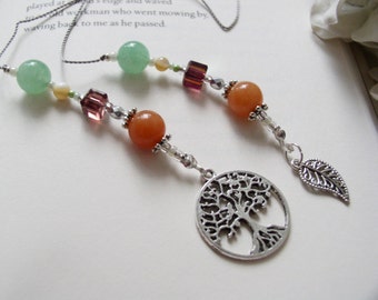 Tree of Life Carved Bookmark Book Thong - Simple Gift Bookmark in Teal, Orange, and Purple with Filigree Leaf and Tree Charms