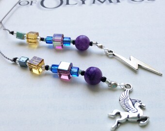 Bookmark with Lighting Bolt and Pegasus Charms- Percy Jackson Book Thong - Heroes of Olympus Camp Half Blood with Lightning Bolt Charm