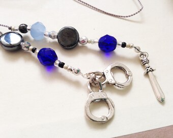 Vampire Bookmark  - Jeweled Beaded Book Thong  in Sapphire Dark Blue, Black, and Silver with Hand Cuffs and Dagger Charms