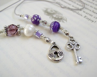 BEADED BOOKMARK - Skeleton Key Elegant Bookmark - Book Thong in Purple, Silver, and Pearl Beads with Tibetan Silver Charms