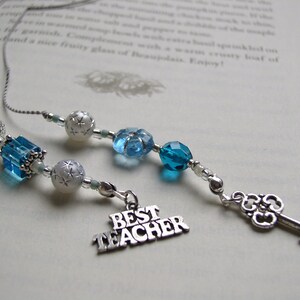 TEACHER GIFT Bookmark Jeweled Beaded Book Thong in Blue Topaz Aquamarine Beads and Skeleton Key and Best Teacher Appreciation Charms image 4