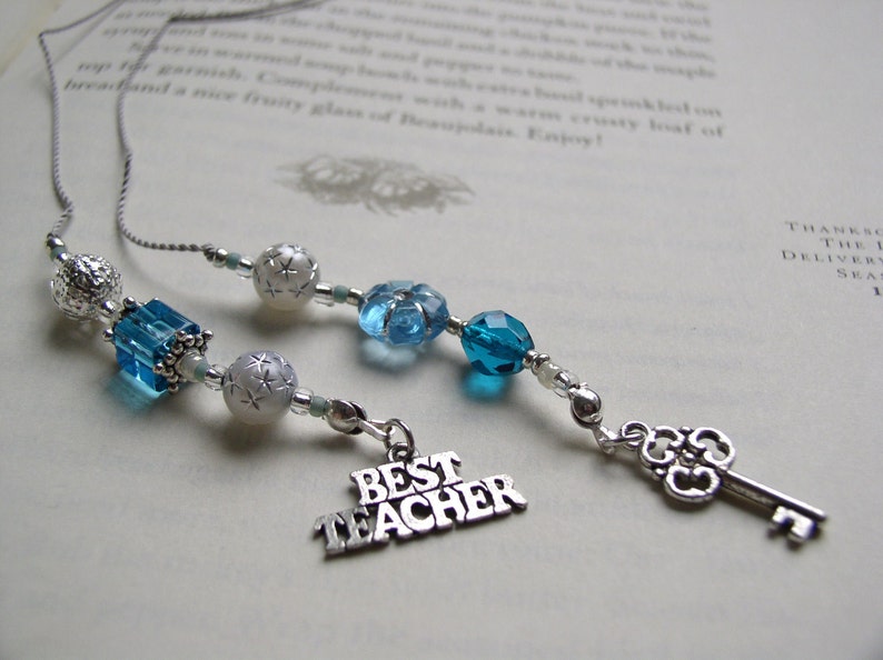 TEACHER GIFT Bookmark Jeweled Beaded Book Thong in Blue Topaz Aquamarine Beads and Skeleton Key and Best Teacher Appreciation Charms image 4