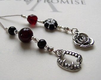 Vampire Bookmark  - Small gift Teen Girl - Jeweled Beaded Book Thong in Red, Black and Silver Rose and Fangs Charms for the Book Journal