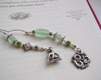 YOGA Om Bookmark Beaded Book Thong in Pale Green Peridot Matte Glass with Pewter Charms