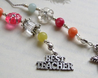 TEACHER GIFT Beaded Jeweled Bookmark in Bright Pink, Coral, Yellow Jade and Robins Egg Blue Stones - Book Thong with Teacher and Star Charm