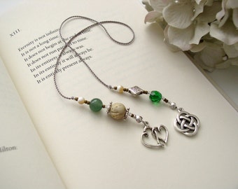 Celtic Knot Bookmark in Soapstone and Emerald Green - Beaded Bookmark Book Thong in Kelly Green Glass and Soapstone - Irish Charm and Hearts