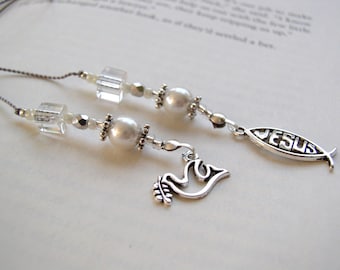 Beaded Bookmark - Religious Jesus and Dove Olive Branch Silver Charms Beaded Book Thong Bible Teacher Gift Glass Pearl and Silver Pure Peace