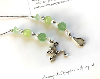 Fun Frog Book Thong - Beaded Bookmark with Pale Peridot Green and Silver Charms Girlfriend Gift Rear View Mirror Accessory Reading Lover