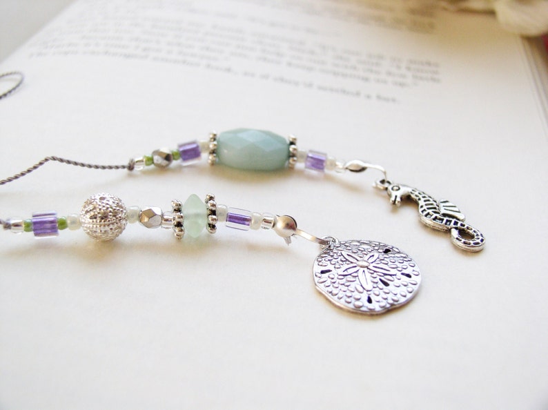 Summer Beach Reading Bookmark Girl Gift for Friends and Book Club Sand Dollar Seahorse Book Thong Beaded Bookmark wth Silver Charms image 1