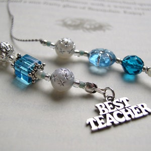 TEACHER GIFT Bookmark Jeweled Beaded Book Thong in Blue Topaz Aquamarine Beads and Skeleton Key and Best Teacher Appreciation Charms image 1