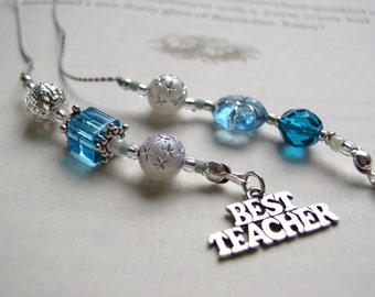 TEACHER GIFT Bookmark - Jeweled Beaded Book Thong in Blue Topaz Aquamarine Beads and Skeleton Key and Best Teacher Appreciation Charms