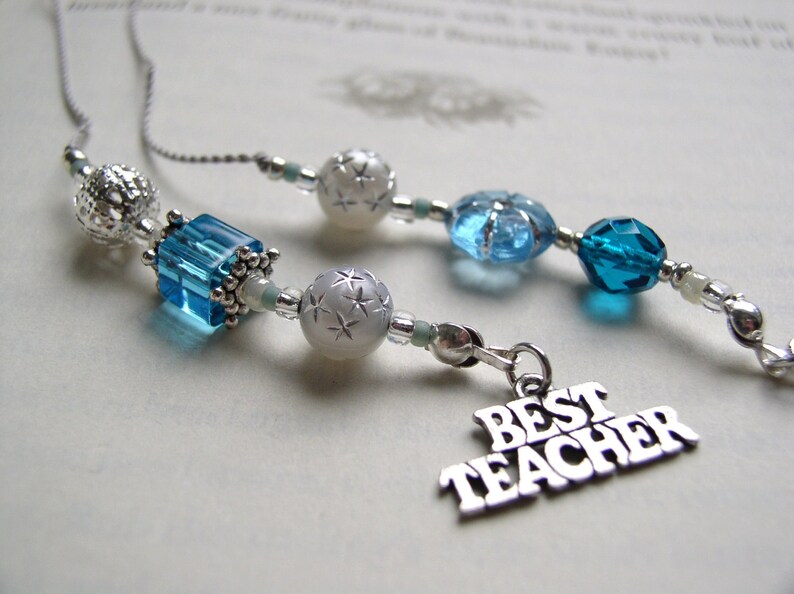 TEACHER GIFT Bookmark Jeweled Beaded Book Thong in Blue Topaz Aquamarine Beads and Skeleton Key and Best Teacher Appreciation Charms image 1