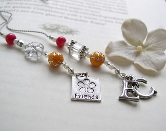 Monogrammed Friendship Beaded Bookmark with Friend and Initial Charms- Book Thong in Flamingo Pink and Neon Orange with Crystal Accents