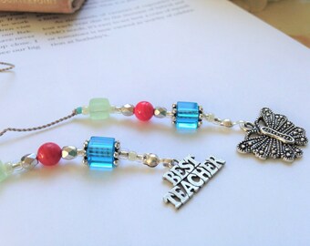 TEACHER GIFT Bookmark - Jeweled Beaded Book Thong in Blue Aqua Pink Green Beads and Butterfly Charm Best Teacher Appreciation Charms