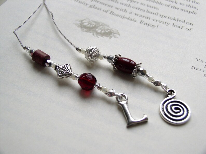 JANUARY Jeweled Beaded Bookmark Silver and Garnet Colored Red Birthstone Book Thong with Personalized Charms image 3