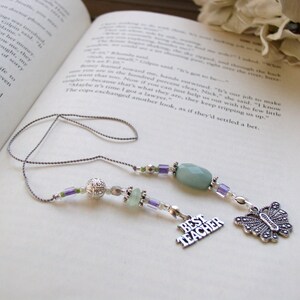 Favorite Teacher Butterfly Bookmark Beaded Book Thong Ice Blue, Purple, and Pale Green Glass with Butterfly and BEST TEACHER silver charms image 3